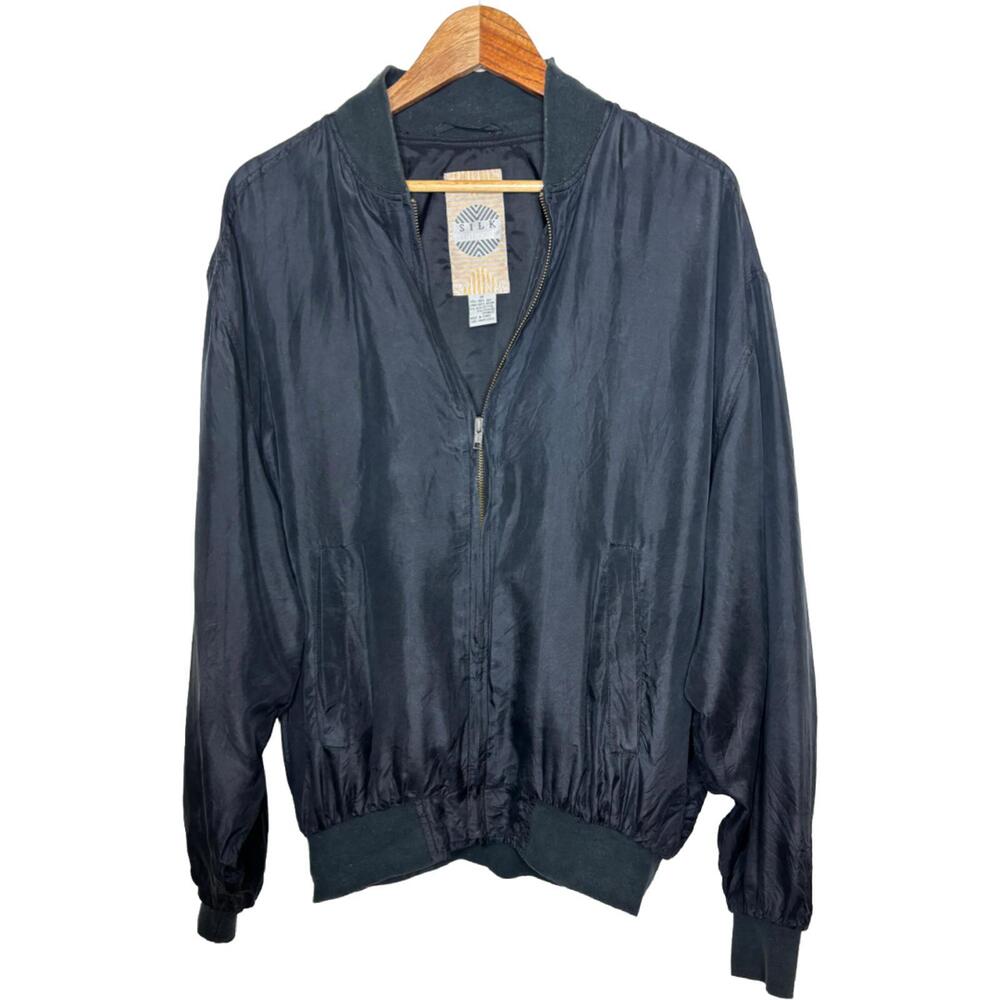 Vintage Silk Uomo Men's Sz M 100% Silk Bomber Jacket, Black(1984)